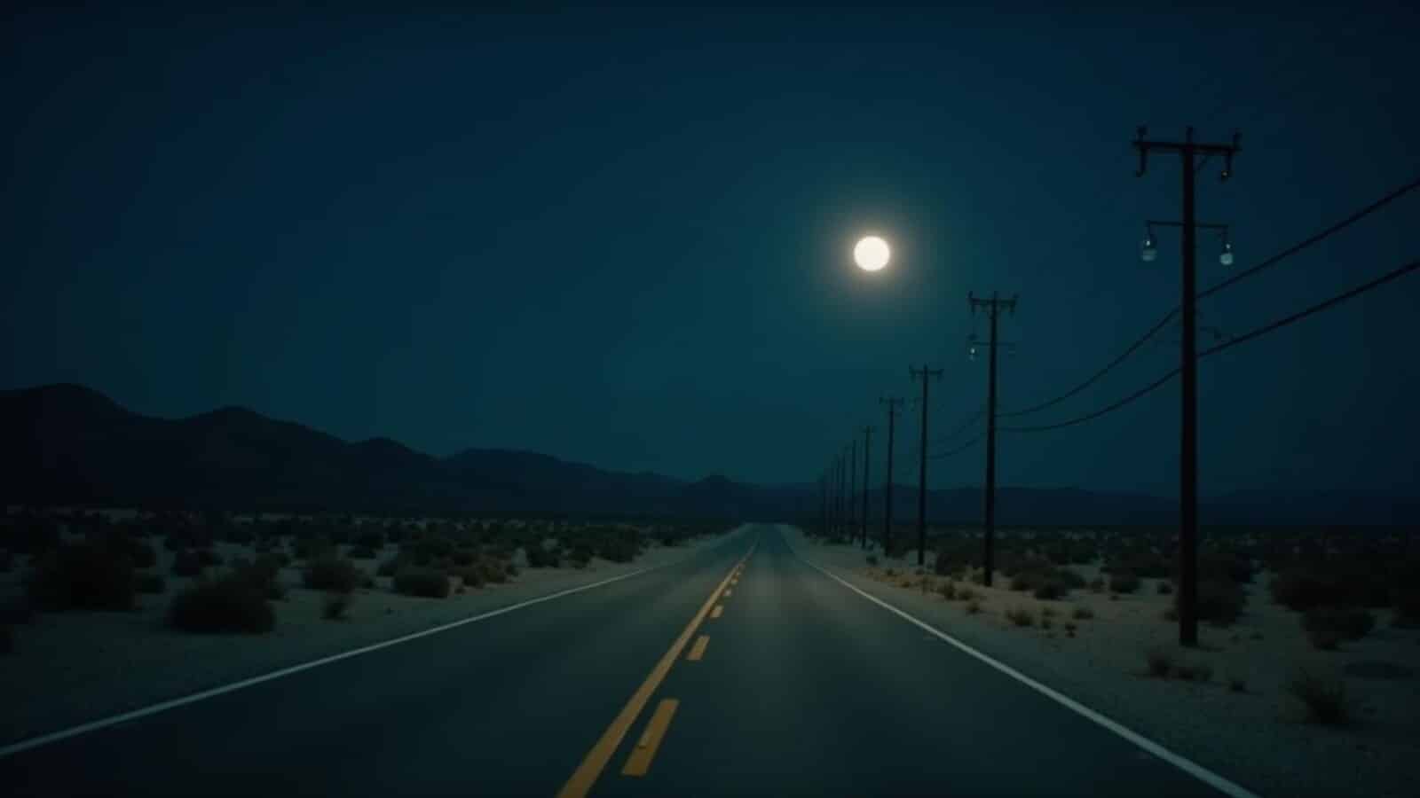 Lonely desert highway at dusk with a strange empty bend in the distance