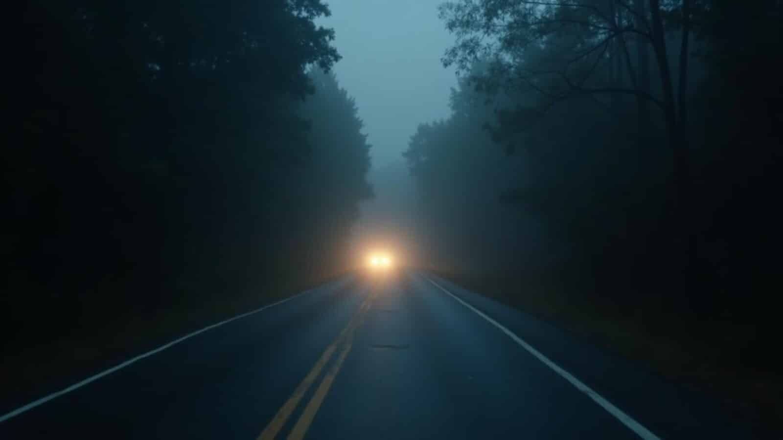 Empty night road with dim headlights and a lonely turn ahead