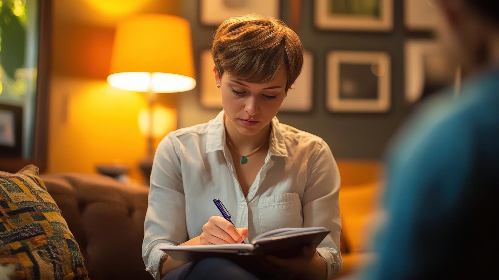 Therapist notebook on a table during a calm counseling conversation
