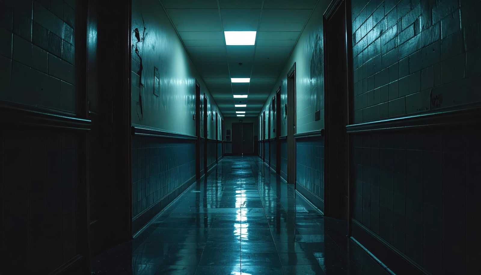 Dim motel corridor with plain details that make a scary story feel real