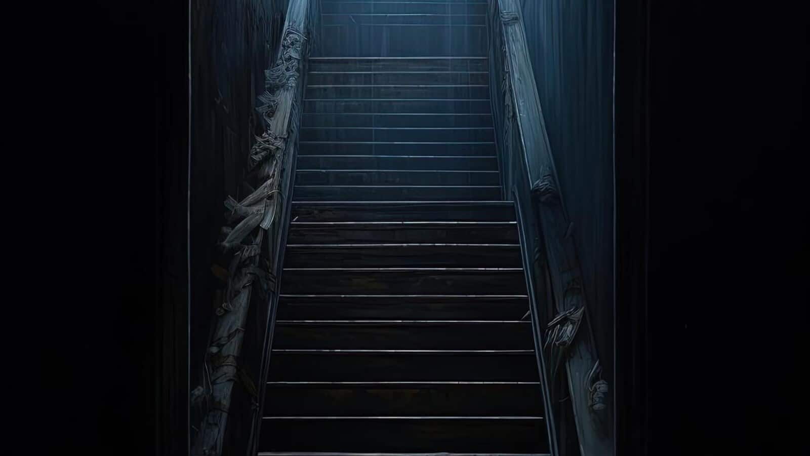 Dark basement stairs with a weak light at the bottom