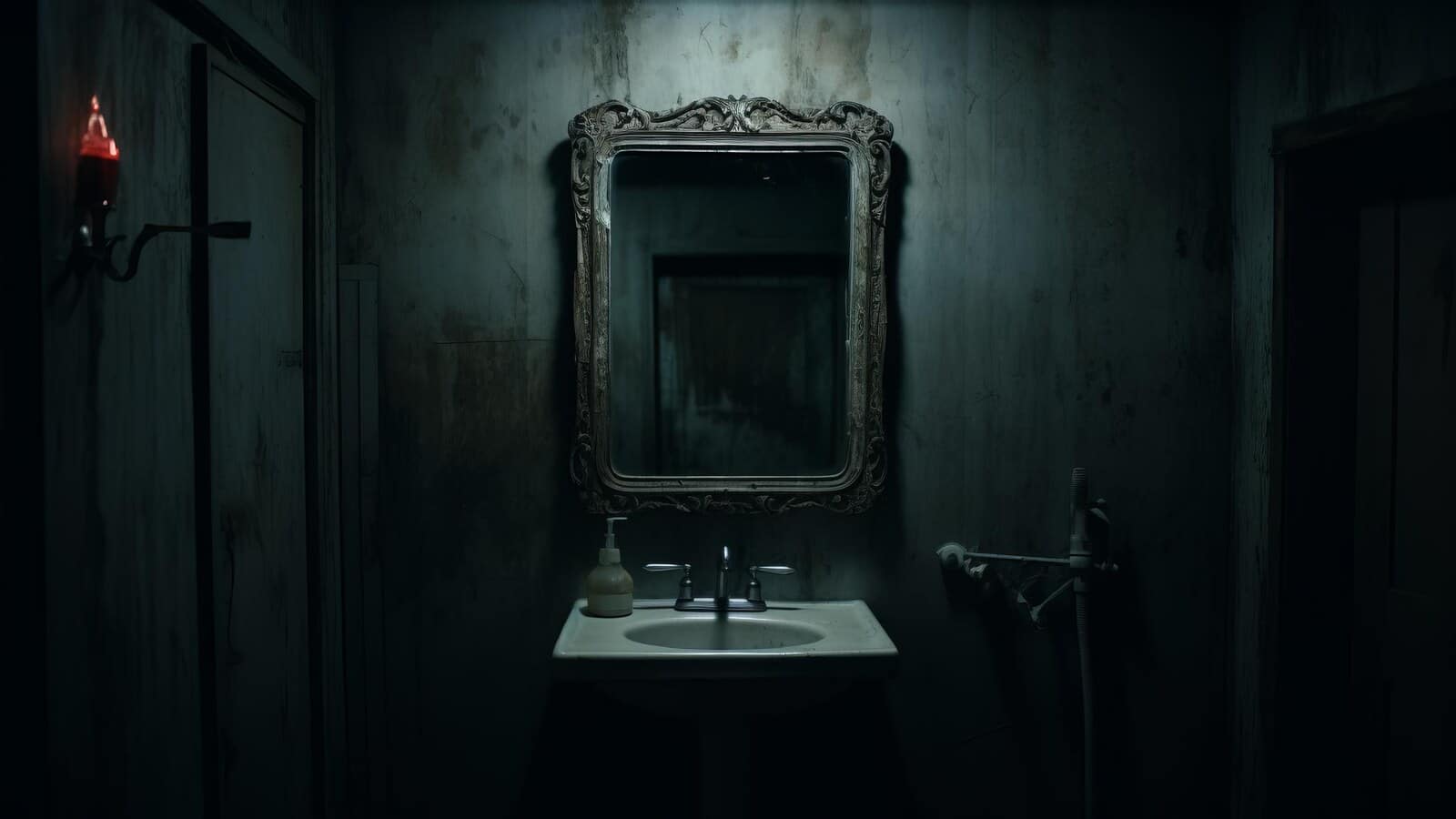 Dark bathroom mirror and sink at night with tense horror lighting