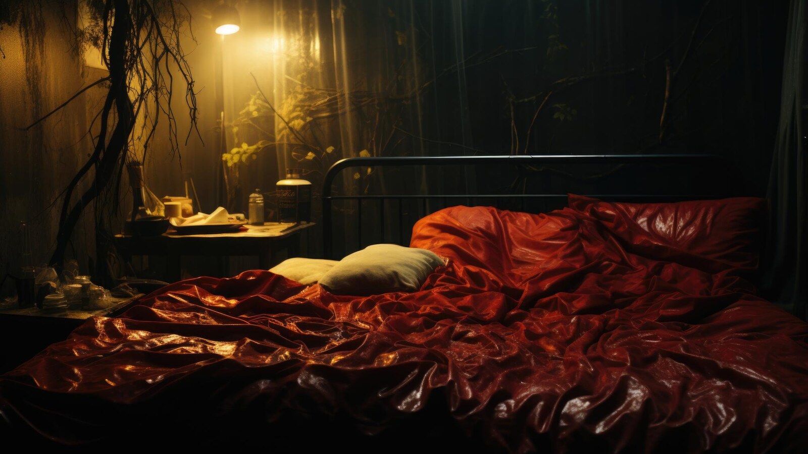 Dark bedroom at night after watching a frightening movie