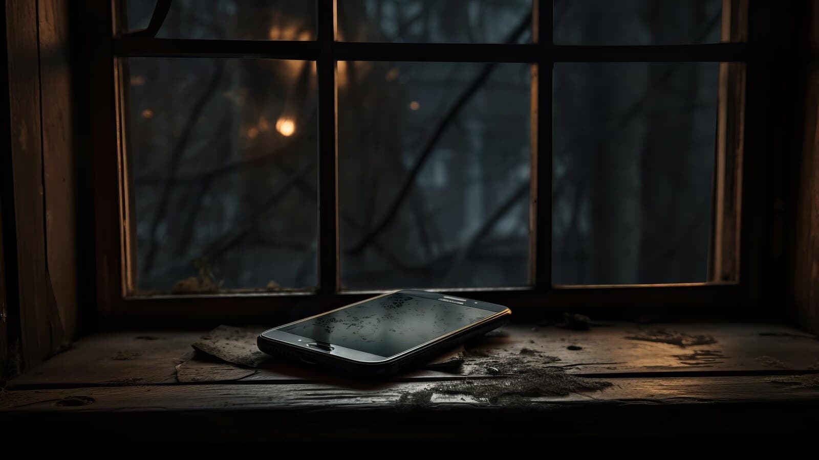 Phone on a dark desk showing a tense night video scene