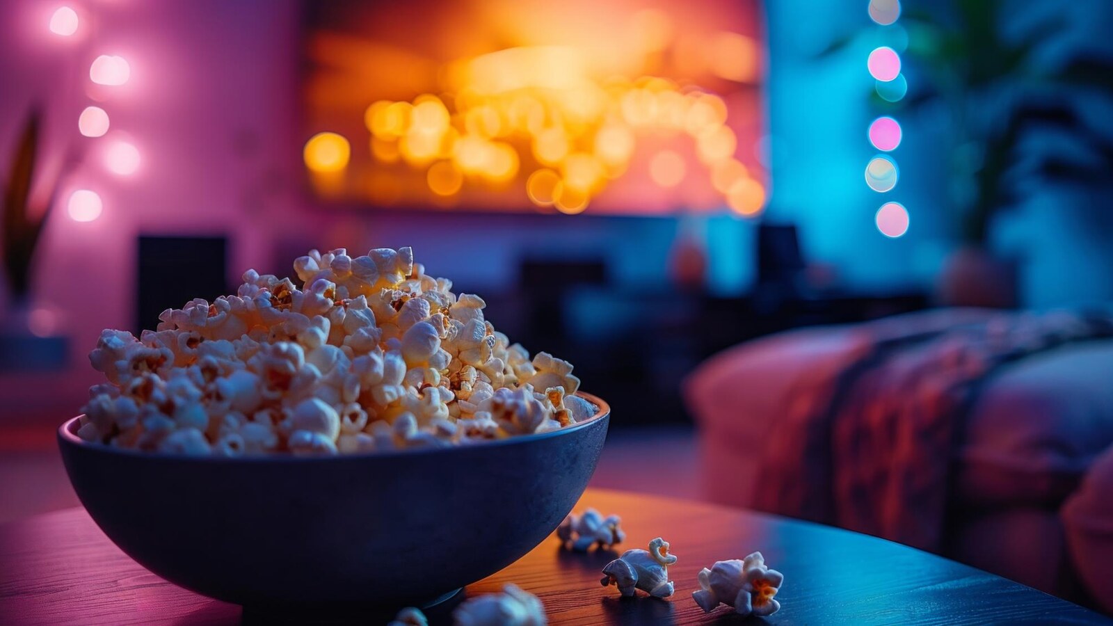 Dark cozy room set up for a late scary movie night