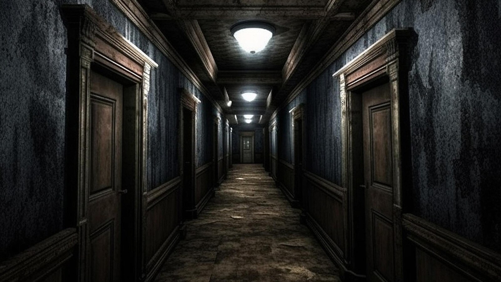 Dark hallway in an old house with tense horror movie lighting