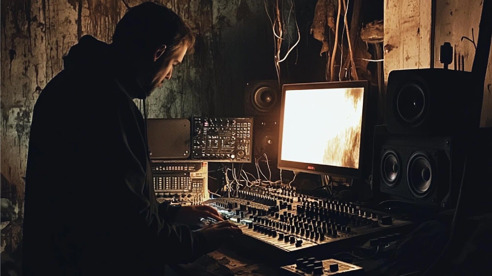 Audio editing desk with headphones and a computer for horror movie sound work