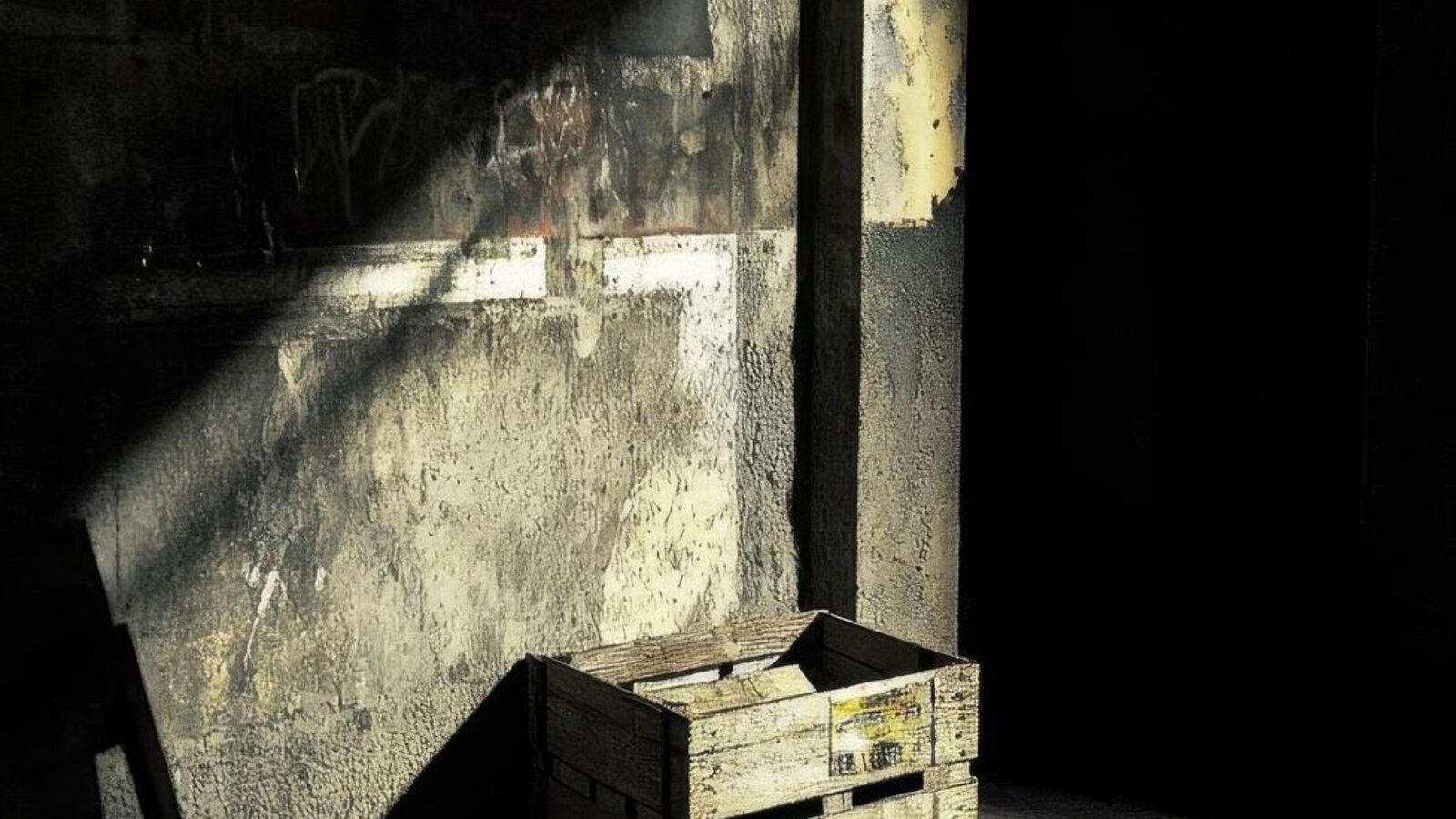 Old basement corner with boxes and dim light