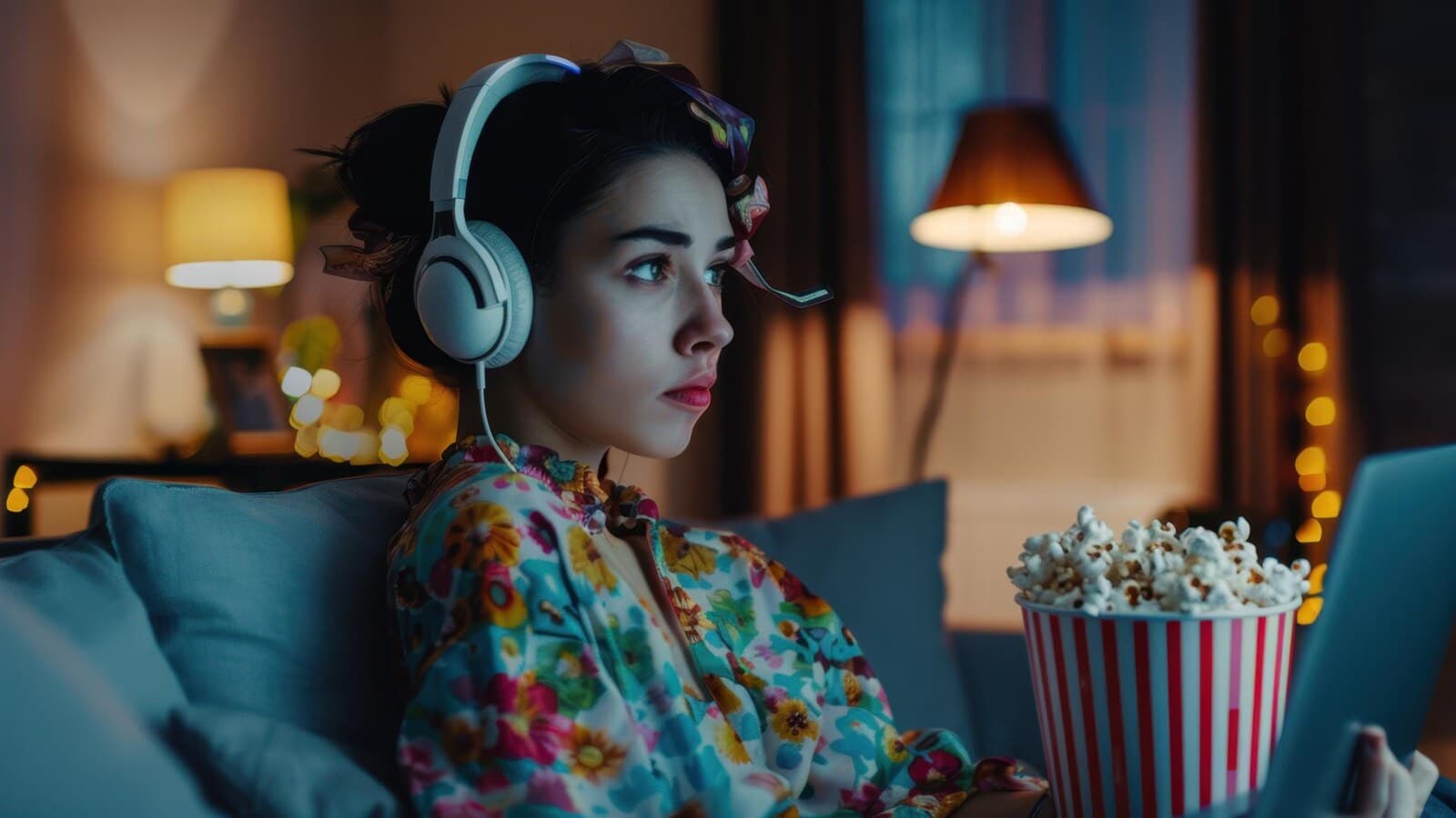 Person wearing headphones while watching a scary movie in a dark room
